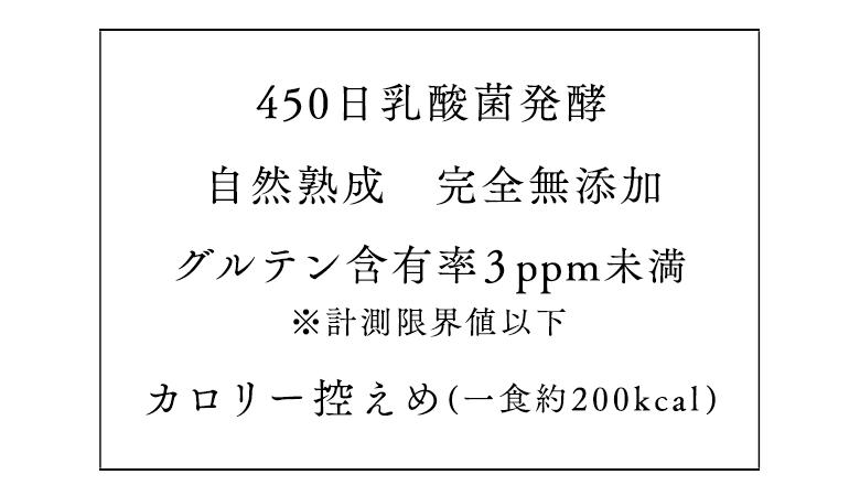 和菓子唯一の発酵食品・
450日乳酸菌発酵・無添加・グルテン未含率3ppm・カロリー控えめ