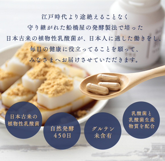 江戸時代より途絶えることなく守り継がれた船橋屋の発酵製法で培った日本古来の植物性乳酸菌が、日本人に適した働きをし、毎日の健康に役立ってることを願って、みなさまへお届けさせていただきます。